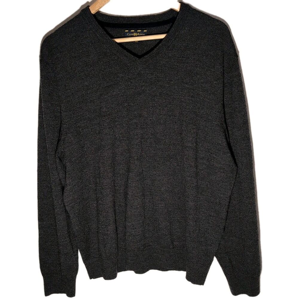 Club Room Sweater Mens Sz XL Classic Preppy Merino Wool VNeck Pullover Dark Gray